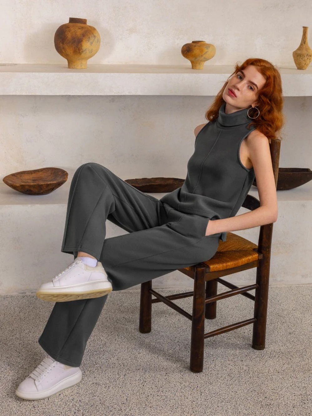 NEW OGL split hem top & high waisted straight leg pull on pant grey XS - 2pc Set